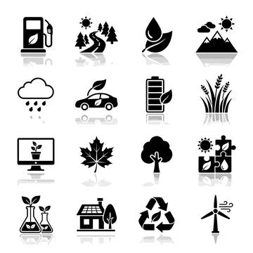 Set of 16 flat black environmental and ecology icons with reflections, incl.. イラスト素材