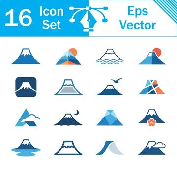 Set of 16 flat blue vector icons depicting mount fuji in various styles Stock Illustration