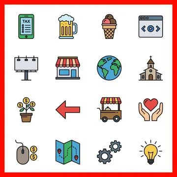 Set of 16 Flat Color Filled Lines UI Icons for Creative Design. Stock-Illustration