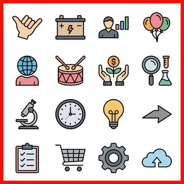 Set of 16 Flat Color Filled Line Icons for Business and Technology. Ilustração Stock