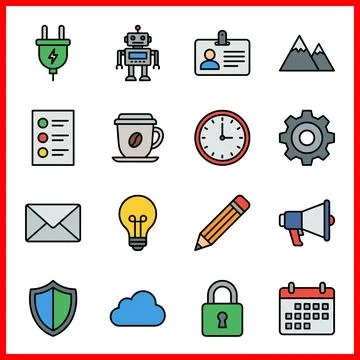 Set of 16 Flat Color Filled Line Icons for Modern Interface. Ilustração Stock