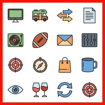 Set of 16 Flat Color Filled Line Interface Icons for Creative Design. Ilustração Stock