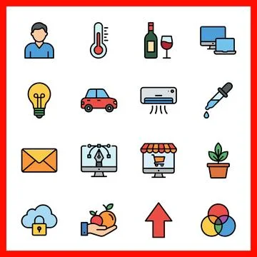 Set of 16 Flat Color Filled Line Interface Icons for Creative and Business Us Stock Illustration