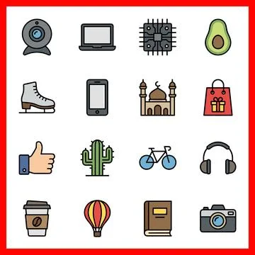 Set of 16 Flat Color Filled Line Interface Icons. Ilustração Stock