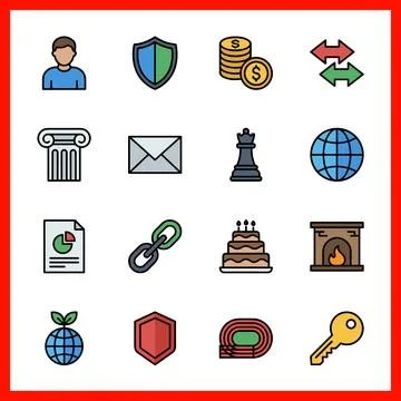 Set of 16 Flat Color Filled Lines Business Icons. Ilustração Stock