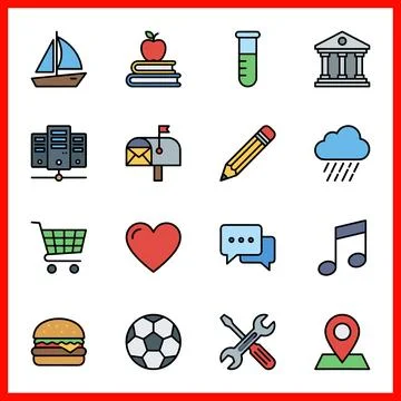Set of 16 Flat Color Filled Line Icons for various concepts. 스톡 일러스트