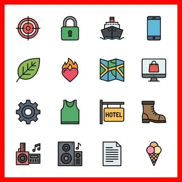 Set of 16 Flat Color Filled Lines UI Icons for target, leaf, ship, mobile, .. Stock Illustration