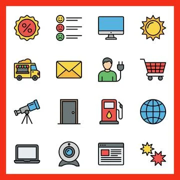 Set of 16 Flat Color Filled Lines Pack of Business and Marketing Icons. 库存插图