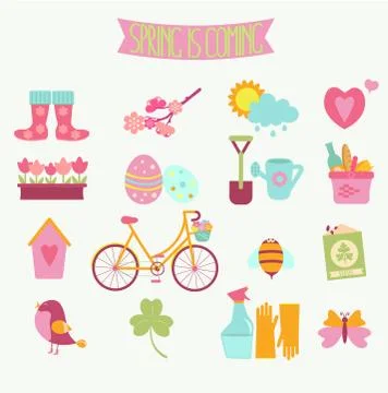 Set of 16 flat colorful spring icons Illustrazione stock
