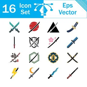 Set of 16 flat colors and solid glyphs icons of katana sword and samurai weap Stock-Illustration