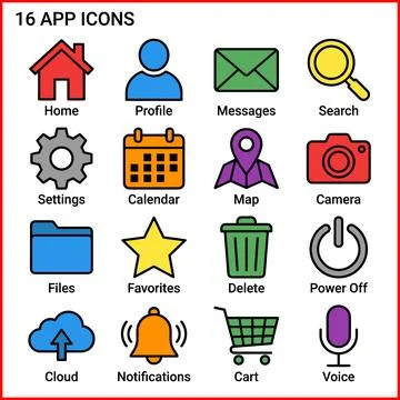 Set of 16 Flat Design App Icons for User Interface. Иллюстрация