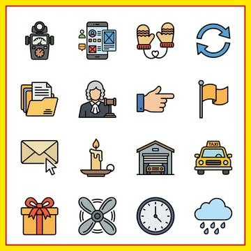 Set of 16 Flat Design Icons Representing Various Concepts and Objects. Stock Illustration