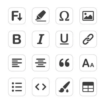Set of 16 flat design icons for text editing and document formatting tools,.. Stockillustratie
