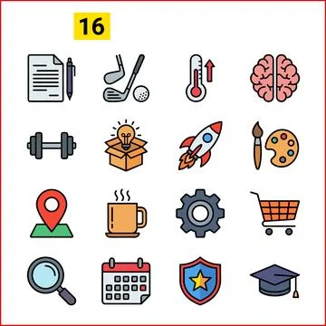 Set of 16 Flat Icons Representing Business, Education, and Leisure Activities Иллюстрация