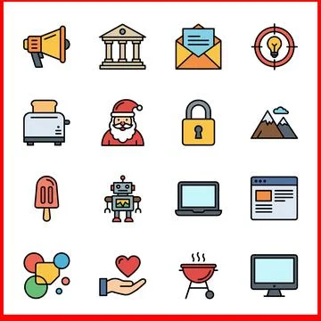 Set of 16 Flat Icons Representing Various Concepts and Objects. Illustrazione stock