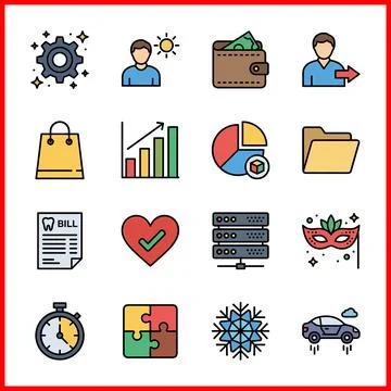 Set of 16 Flat Icons Representing Business, Finance, and Lifestyle Concepts. 库存插图