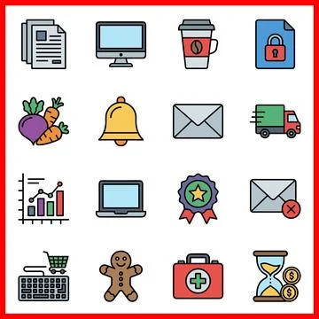 Set of 16 Flat Icons Representing Business, Technology, and Services. Иллюстрация