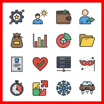 Set of 16 Flat Icons Representing Business, Technology, and Lifestyle Concept Illustrazione stock