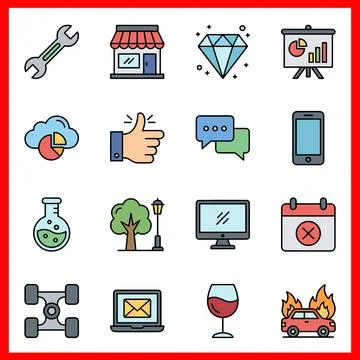 Set of 16 Flat Icons for Web and Mobile Applications. Ilustração Stock