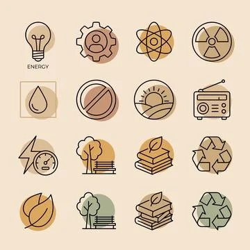 Set of 16 flat line icons representing energy, nature, science, and environ.. Stock Illustration