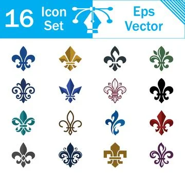 Set of 16 fleur de lis icons in various colors and vintage styles with icon s 스톡 일러스트
