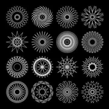 Set of 16 geometric circular Spirograph elements. Stock Illustration