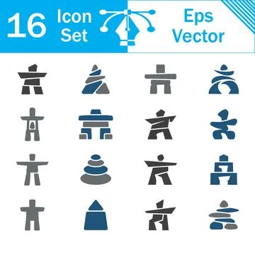 Set of 16 graphic vector icons representing stone cairns and balance rocks Stock Illustration