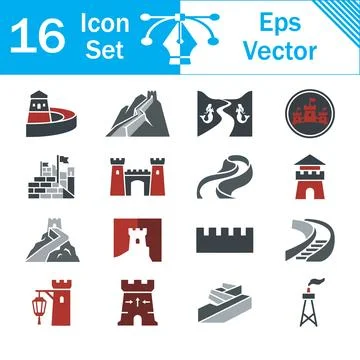 Set of 16 great wall of china vector icons in flat design style with stone wa Ilustración de archivo