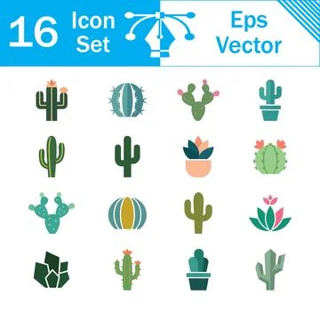 Set of 16 green cactus and succulent plant vector icons with succulent Stock Illustration