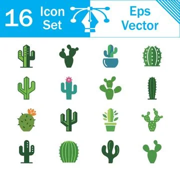 Set of 16 green cactus and desert plant vector icons with succulent Stock Illustration