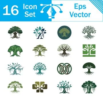 Set of 16 green vector icons depicting banyan trees and nature with banyan tr Illustrazione stock