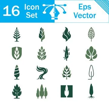 Set of 16 green vector icons depicting various tree and leaf silhouettes Stock-Illustration