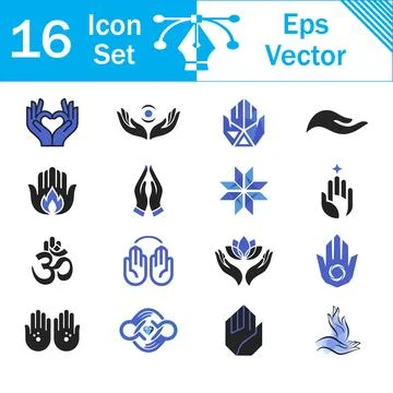 Set of 16 hand gestures and spiritual icons with spiritual collection religio Stock Illustration