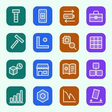 Set of 16 hardware and electronics repair icons in rounded squares with bolt, Stock Illustration