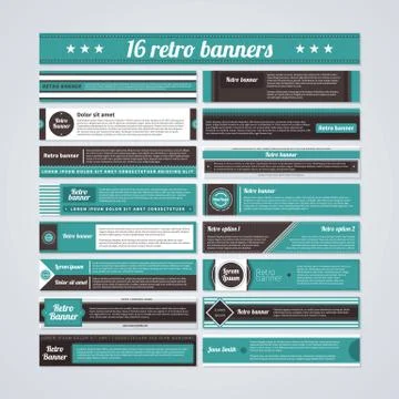 Set of 16 horizontal bright banners in retro style. Stock Illustration