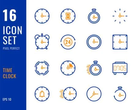 Set of 16 icons time clock thin line style. Stock Illustration