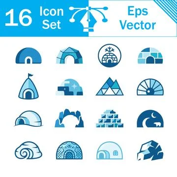 Set of 16 igloo and winter architecture vector icons in blue tones with ico.. Ilustración de archivo