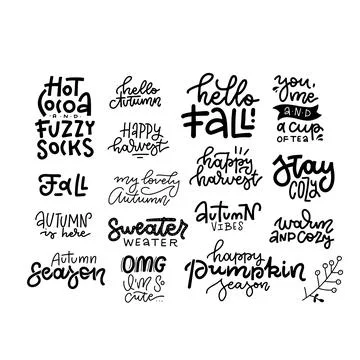 Set of 16 inspirational cute fall calligraphy handwritten quotes and phrases Stock Illustration