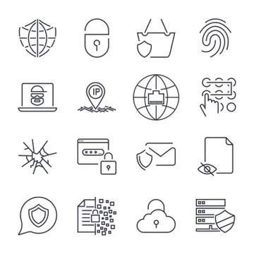 Set of 16 internet security icons. Concept of protected internet. Thin line a Illustrazione stock