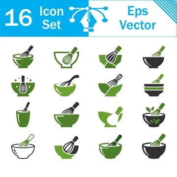 Set of 16 kitchen whisk and mixing bowl flat vector design icons with chef to Stock Illustration