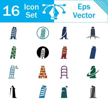 Set of 16 leaning tower of pisa vector icons with architecture Ilustración de archivo