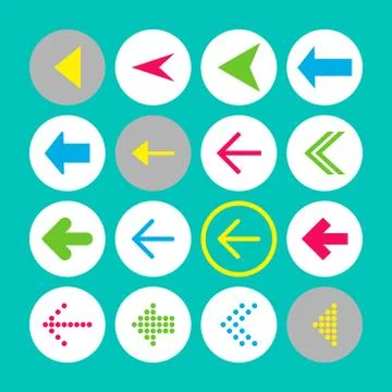 Set of 16 left arrow icons. Arrow buttons on turquoise background in white, g Stock Illustration