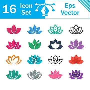 Set of 16 lotus flower vector icons and yoga symbol graphics with wellness Stock Illustration