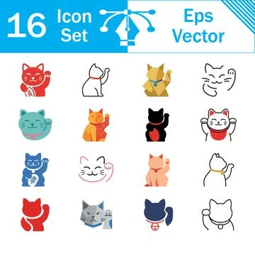 Set of 16 lucky cat maneki neko icons and japanese vector symbols with japane Stock Illustration