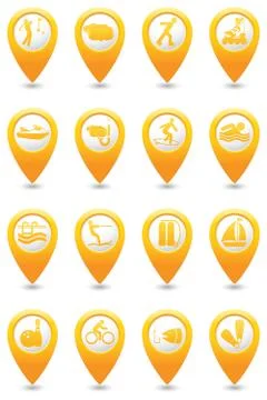 Set of 16 MAP pointers with sport icons Stock Illustration