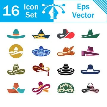 Set of 16 mexican sombrero hat icons and graphic elements with sombrero Stock Illustration