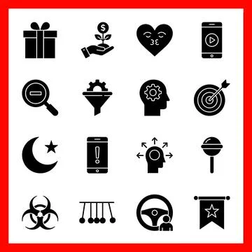 Set of 16 Minimalist Solid Black Icons on White Background with Red Border. Ilustração Stock