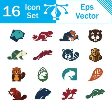 Set of 16 modern beaver icons and graphic vector design elements with wildlif 스톡 일러스트