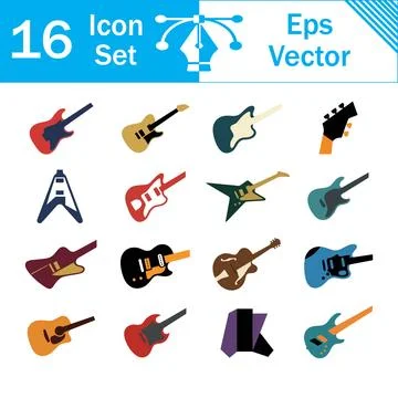 Set of 16 modern flat color icons featuring various electric guitar designs Stock-Illustration