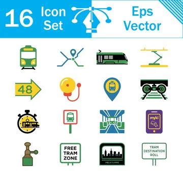 Set of 16 modern flat color icons featuring public transport and city symbols Stock Illustration